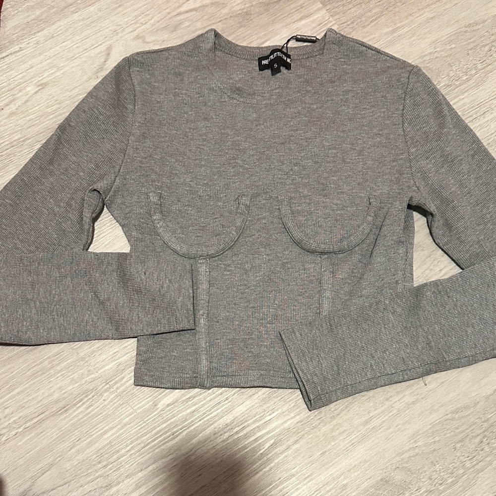 PrettyLittleThing Grey Ribbed Long Sleeve Corset Detail Top
